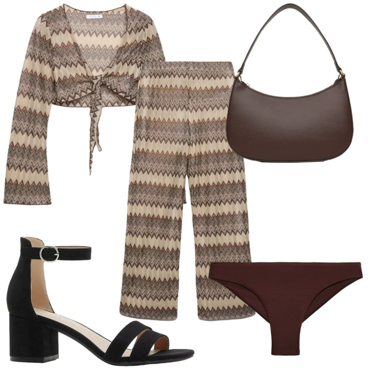 Outfit donna - Total look #2425404. Stile 70s per Mare. Abbinamento con sandali col tacco, borse a tracolla, bikini, blazer, pantaloni.