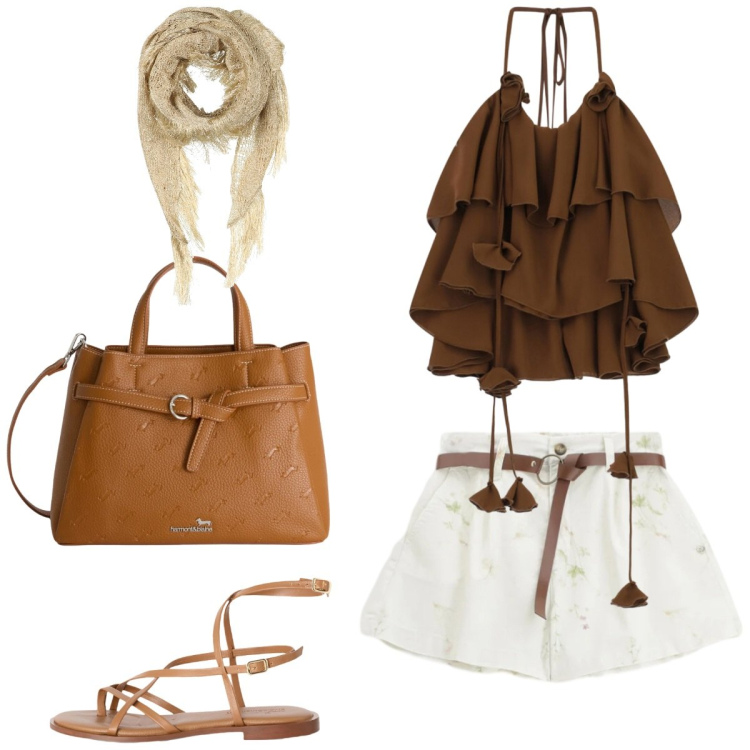 Outfit donna - Estati casual. Stile Casual chic per Tutti i giorni. Abbinamento con stole, borse a mano, sandali in pelle, shorts, top.