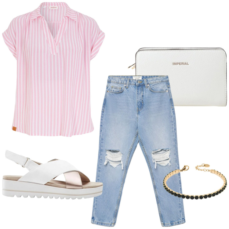 Outfit donna - Total look #2425413. Stile Casual per Tutti i giorni. Abbinamento con bluse, sandali, jeans mom, borse a tracolla, braccialetti.
