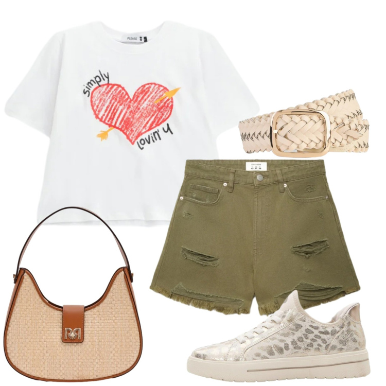 Outfit donna - Total look #2425415. Stile Basic per Tutti i giorni. Abbinamento con sneakers, cinture, shorts, borse a spalla, t-shirt.