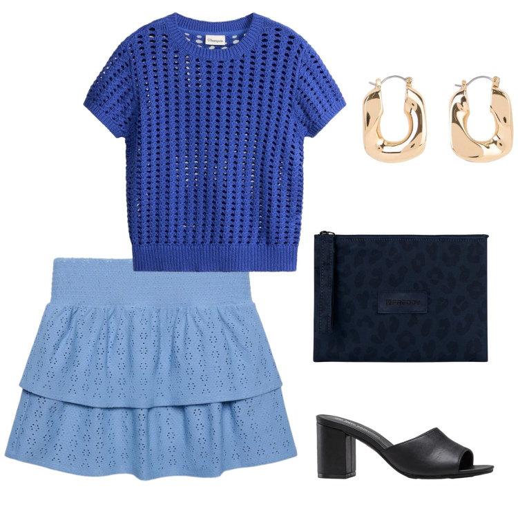 Outfit donna - Aperitivo. per Serata fuori. Abbinamento con orecchini, sandali col tacco, bluse, minigonne, clutch.