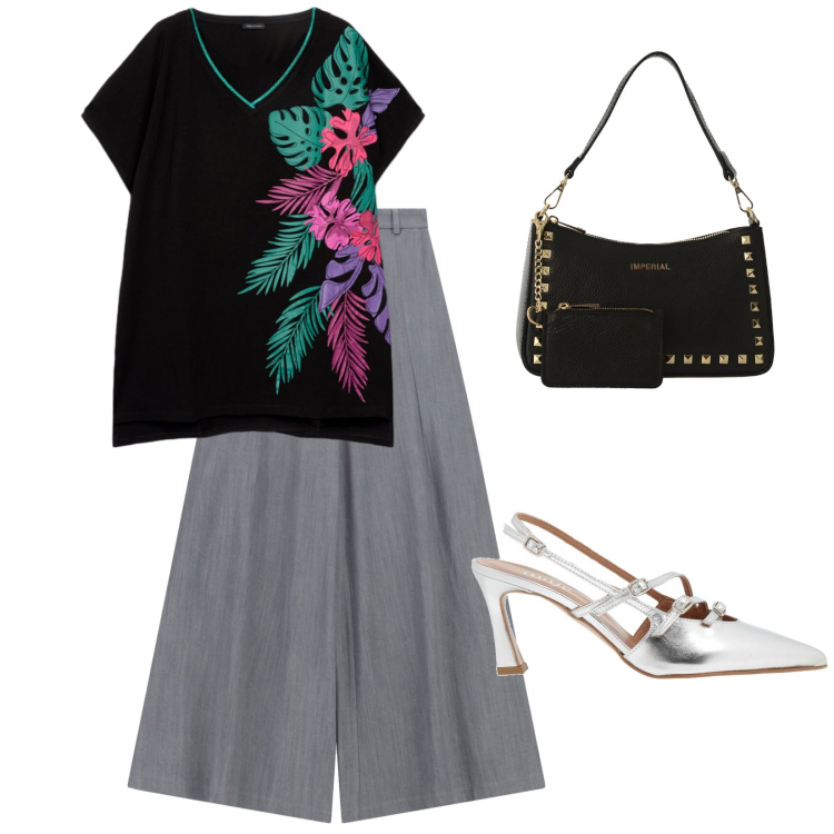 Outfit donna - Aperitivo. per Serata fuori. Abbinamento con décolleté, pantaloni a palazzo, borse a spalla, t-shirt.