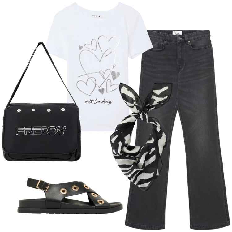 Outfit donna - Total look #2425421. Stile Casual per Tutti i giorni. Abbinamento con sandali, t-shirt, jeans bootcut, foulard, borse messenger.