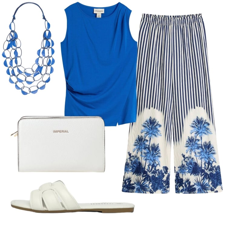 Outfit donna - Total look #2425427. Stile Romantica per Ufficio. Abbinamento con top, pantaloni a palazzo, ciabatte, collane, borse a tracolla.