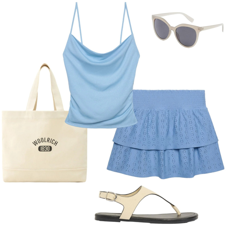 Outfit donna - Grande caldo di giugno. Stile Casual chic per Tutti i giorni. Abbinamento con occhiali da sole, infradito, minigonne, canottiere, borse tote.