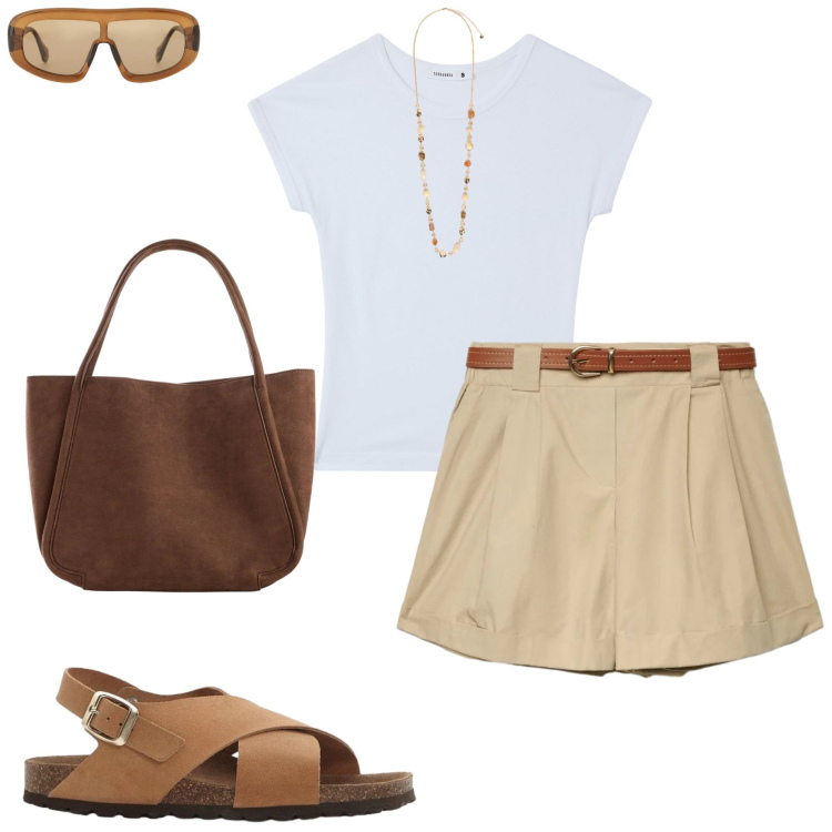 Outfit donna - Tutti i giorni. Stile Casual per Tutti i giorni. Abbinamento con shopping bag, sandali in pelle, t-shirt, shorts, occhiali da sole, collane.