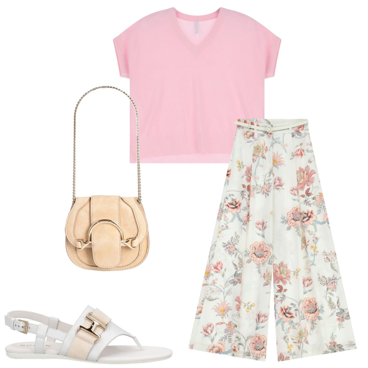 Outfit donna - Pantaloni fiorata. Stile Casual chic per Ufficio. Abbinamento con marsupi, infradito, t-shirt, pantaloni a palazzo.