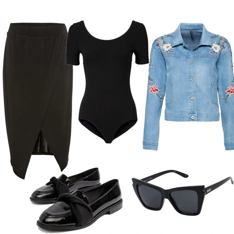 Outfit donna - Bon Ton low cost. Stile Bon Ton per Ufficio. Abbinamento con body, gonna a portafoglio nero, giacca con taschini fantasia floreale con ricamo in denim blu, occhiali da sole montatura in plastica, mocassini.