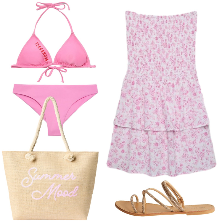Outfit donna - Terranova - Beach State of Mind. Stile Basic per Mare. Abbinamento con vestiti corti, bikini, bikini, sandali, borse tote.