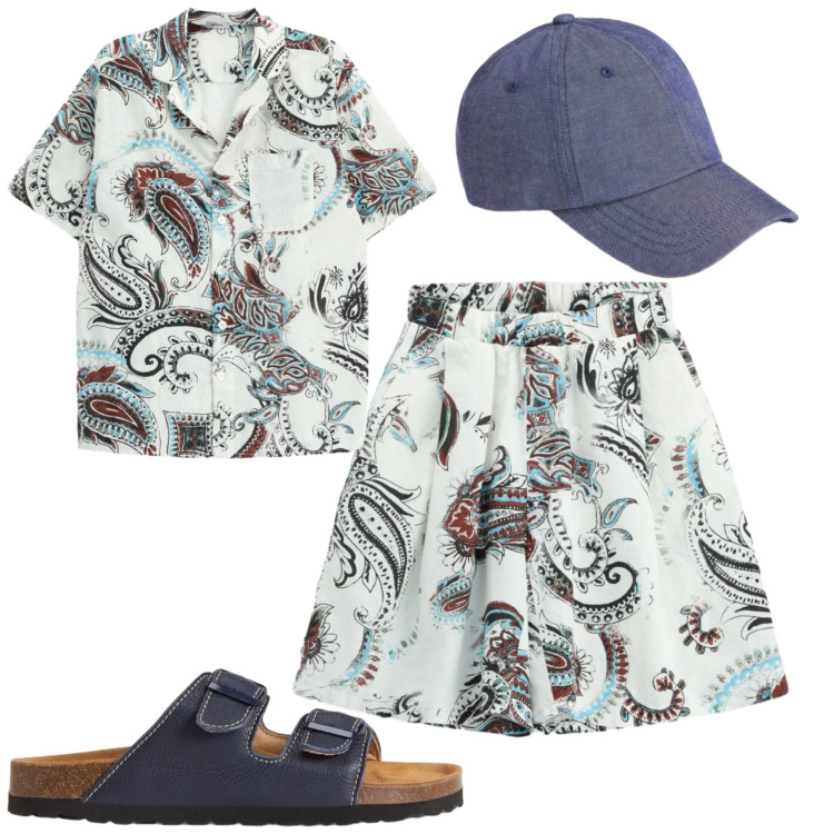 Outfit uomo - Mare. Stile Casual per Mare. Abbinamento con sandali, cappelli con visiera, camicie a manica corta, bermuda.
