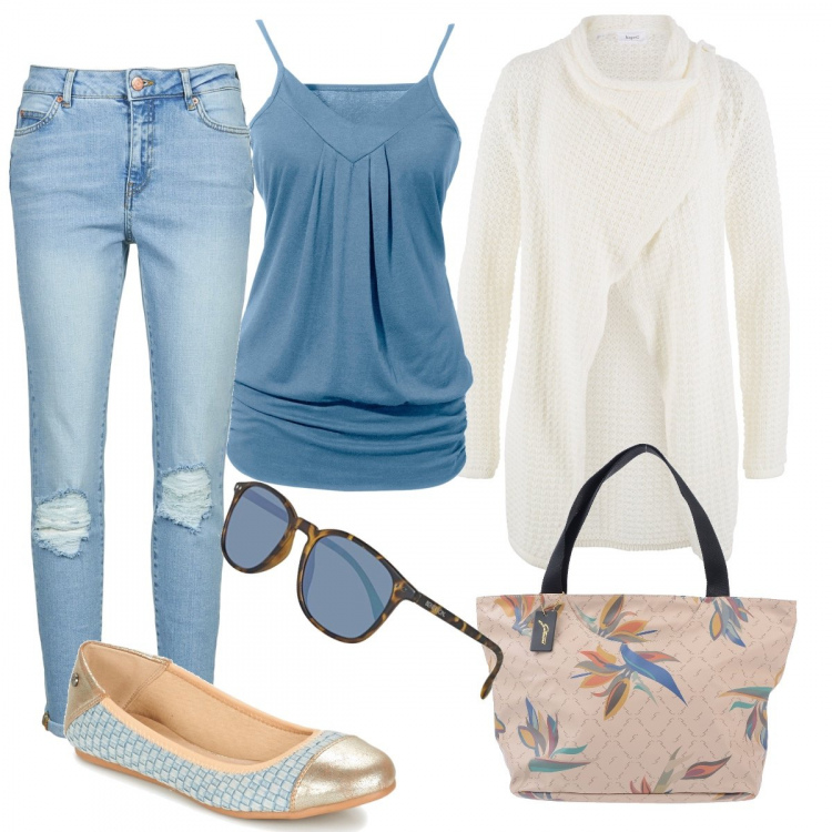 Outfit donna - Il top azzurro cielo. Stile Bon Ton per Tutti i giorni. Abbinamento con top, jeans boyfriend, borsa a mano fantasia floreale taglia media con zip interno foderato, ballerine blu, jeans slim fit blu, occhiali da sole unisex-adulto marrone.