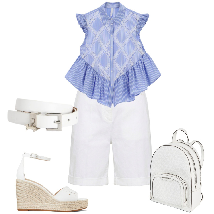 Outfit donna - Sporty chic ogni giorno. Stile Sporty chic per Tutti i giorni. Abbinamento con zaini, espadrillas, bermuda, cinture, camicie a manica corta.