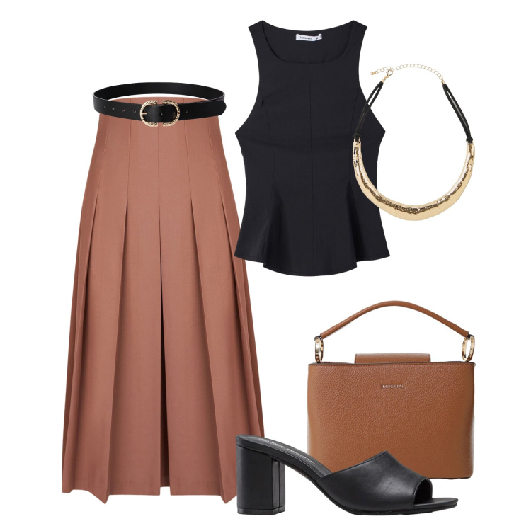 Outfit donna - Business Summer Look. Stile Glamour per Ufficio. Abbinamento con sandali col tacco, collane, top, cinture, borse a secchiello, gonne longuette.