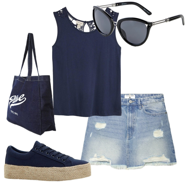 Outfit donna - Total look #2425468. Stile Casual per Tutti i giorni. Abbinamento con top, sneakers, occhiali da sole, minigonne, shopping bag.