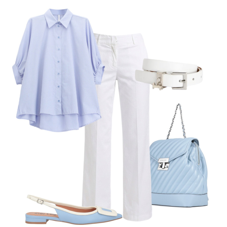 Outfit donna - Azzurro e bianco daily. Stile Casual chic per Tutti i giorni. Abbinamento con zaini, ballerine, pantaloni, cinture, camicie.