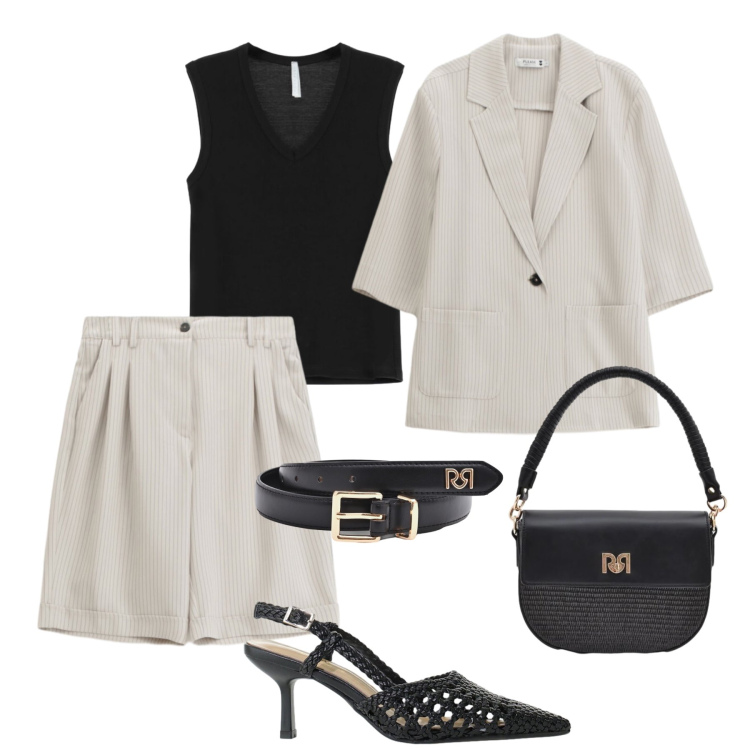 Outfit donna - Aperitivo in trend. Stile Glamour per Serata fuori. Abbinamento con top, décolleté, blazer, bermuda, borse a spalla, cinture.
