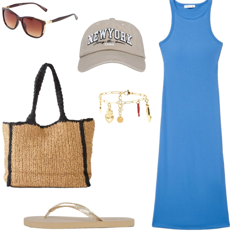 Outfit donna - Un giorno d\'estate. Stile Casual per Tutti i giorni. Abbinamento con occhiali da sole, shopping bag, cappelli con visiera, infradito, vestiti midi/longuette, braccialetti.