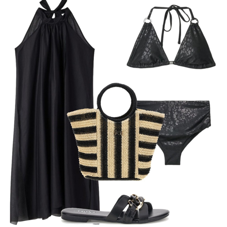 Outfit donna - Mare total black. Stile Glamour per Mare. Abbinamento con vestiti lunghi, bikini, bikini, ciabatte, borse a mano.