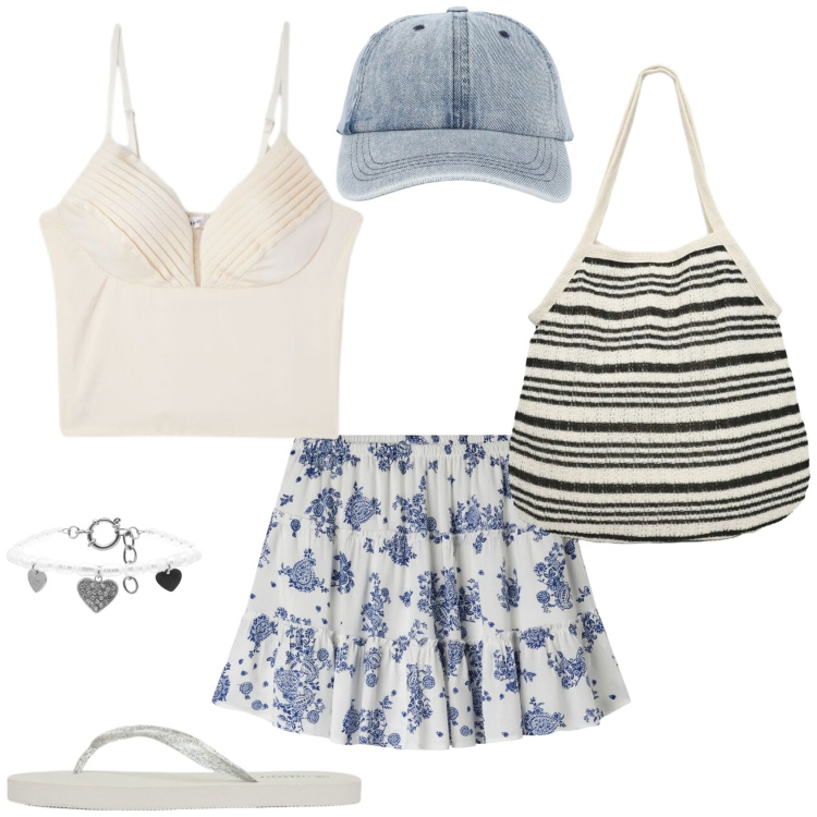 Outfit donna - Estate. Stile Trendy per Tutti i giorni. Abbinamento con cappelli con visiera, minigonne, shopping bag, infradito, canottiere, braccialetti.