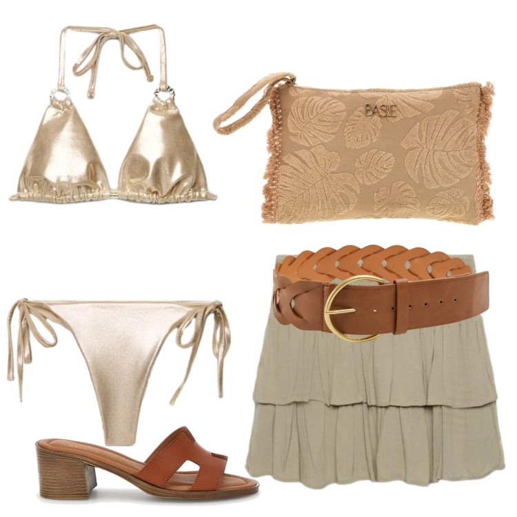 Outfit donna - Oro beach. Stile Glamour per Mare. Abbinamento con minigonne, cinture, bikini, bikini, sandali col tacco, pochette.