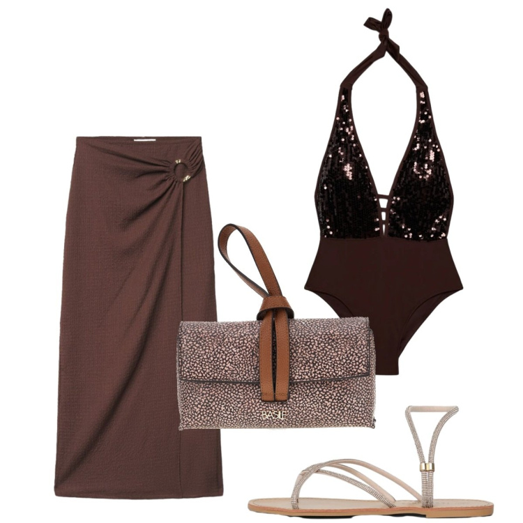 Outfit donna - Total look #2425489. Stile Glamour per Mare. Abbinamento con sandali, costumi interi, gonne lunghe, borse a tracolla.