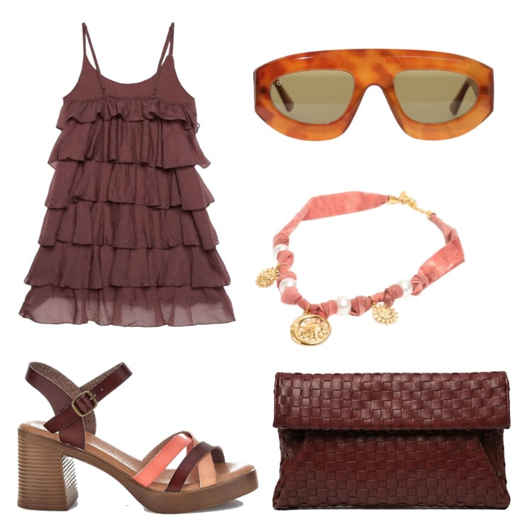 Outfit donna - Total look #2425490. Stile Chic per Cerimonia. Abbinamento con vestiti corti, occhiali da sole, collane, clutch, sandali col tacco.