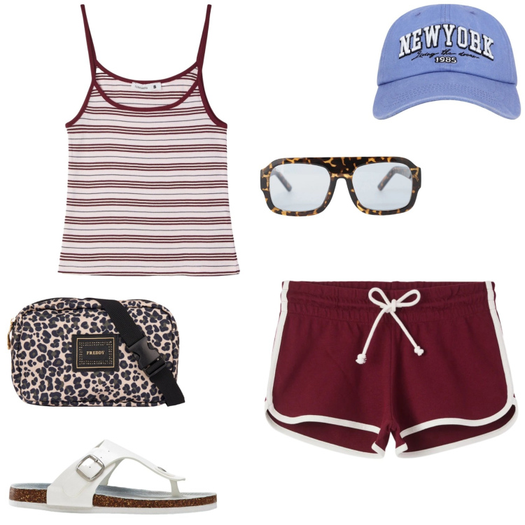 Outfit donna - Giornate caldissime. Stile Casual per Tutti i giorni. Abbinamento con infradito, cappelli, canottiere, shorts, occhiali da sole, marsupi.