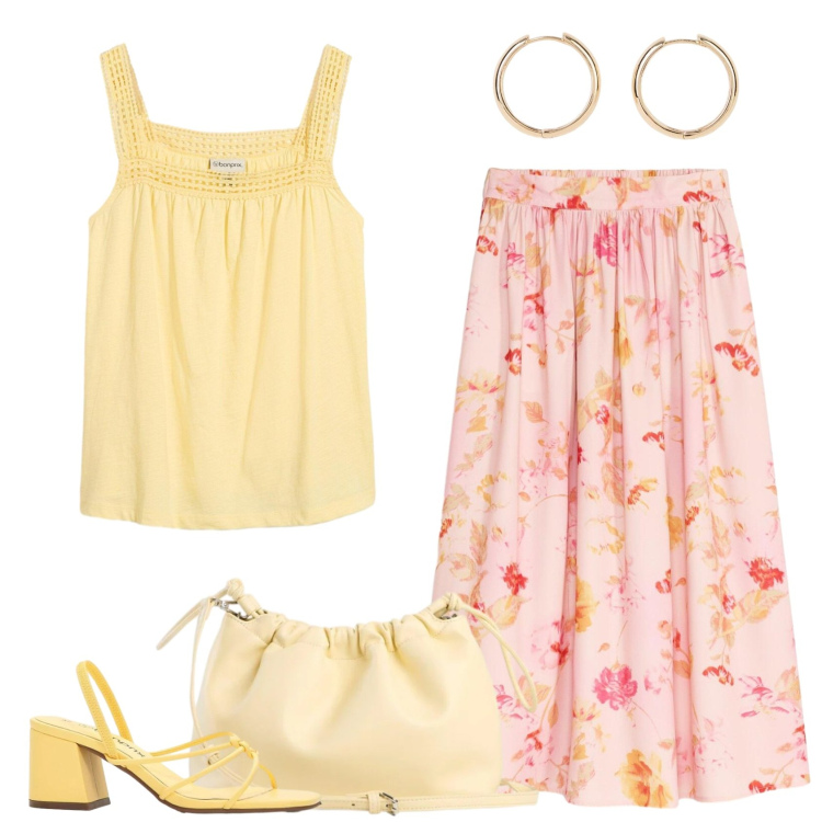 Outfit donna - Delicatezza. Stile Romantica per Tutti i giorni. Abbinamento con gonne lunghe, sandali col tacco, canottiere, borse a tracolla, orecchini.