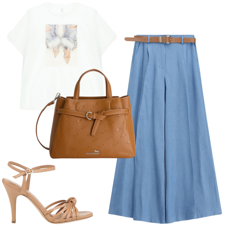 Outfit donna - In jeans. Stile Casual chic per Tutti i giorni. Abbinamento con sandali in pelle, t-shirt, jeans, borse a mano.