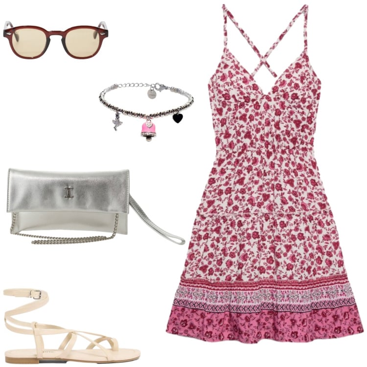 Outfit donna - L\'abitino romantico e trendy. Stile Romantica per Tutti i giorni. Abbinamento con sandali, vestiti corti, braccialetti, occhiali da sole, borse a tracolla.