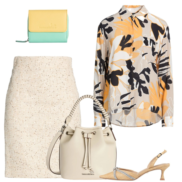 Outfit donna - In ufficio. Stile Casual chic per Ufficio. Abbinamento con minigonne, camicie, décolleté, portafogli, borse a secchiello.
