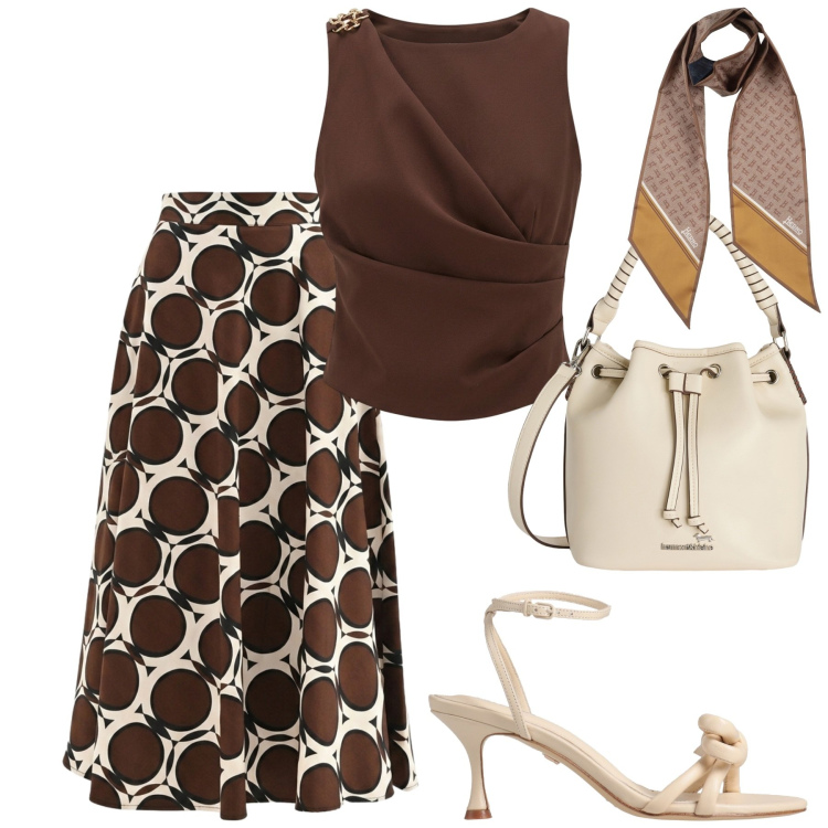 Outfit donna - Rinascimento. Stile Chic per Tutti i giorni. Abbinamento con sciarpe, sandali in pelle, borse a secchiello, canottiere, gonne lunghe.