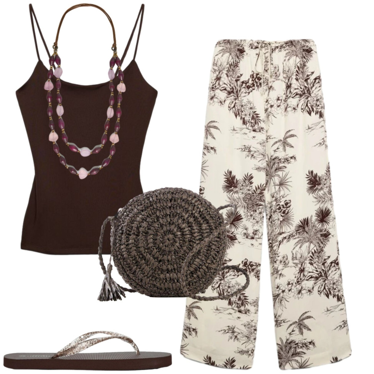 Outfit donna - Sogno esotico. Stile Casual chic per Tutti i giorni. Abbinamento con borse a tracolla, infradito, canottiere, pantaloni, collane.