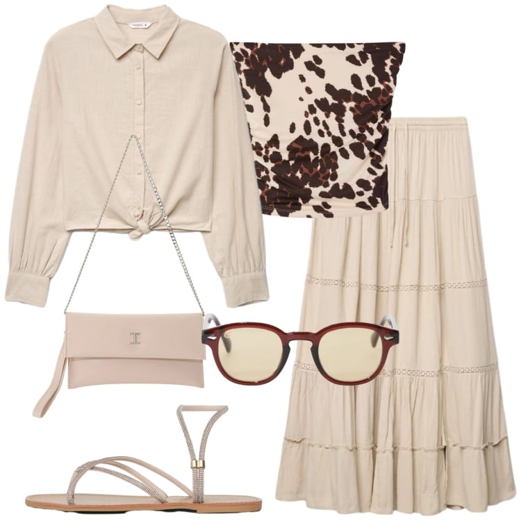 Outfit donna - Total look #2425507. Stile Casual chic per Tutti i giorni. Abbinamento con top, gonne lunghe, camicie, sandali, occhiali da sole, borse a tracolla.