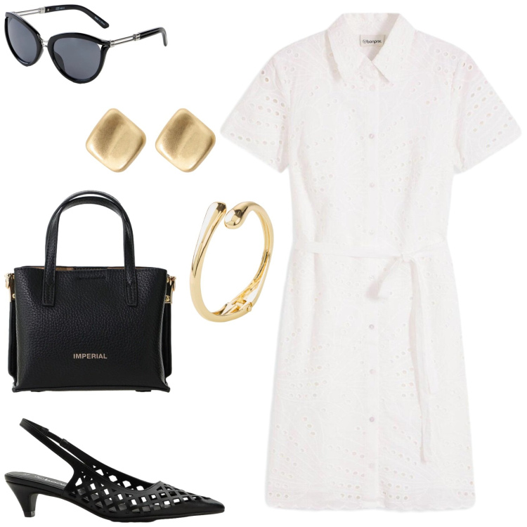 Outfit donna - L\'elegante abitino in pizzo Sangallo. Stile Chic per Serata fuori. Abbinamento con vestiti chemisier, braccialetti, décolleté, occhiali da sole, borse a tracolla, orecchini.