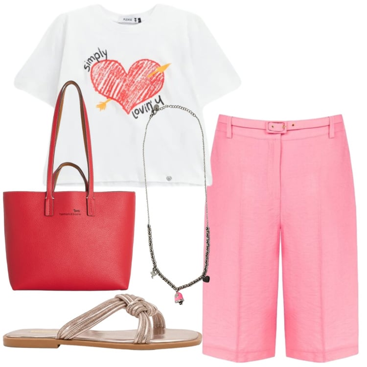 Outfit donna - Total look #2425515. Stile Casual per Tutti i giorni. Abbinamento con shopping bag, sandali, bermuda, t-shirt, ciondoli.
