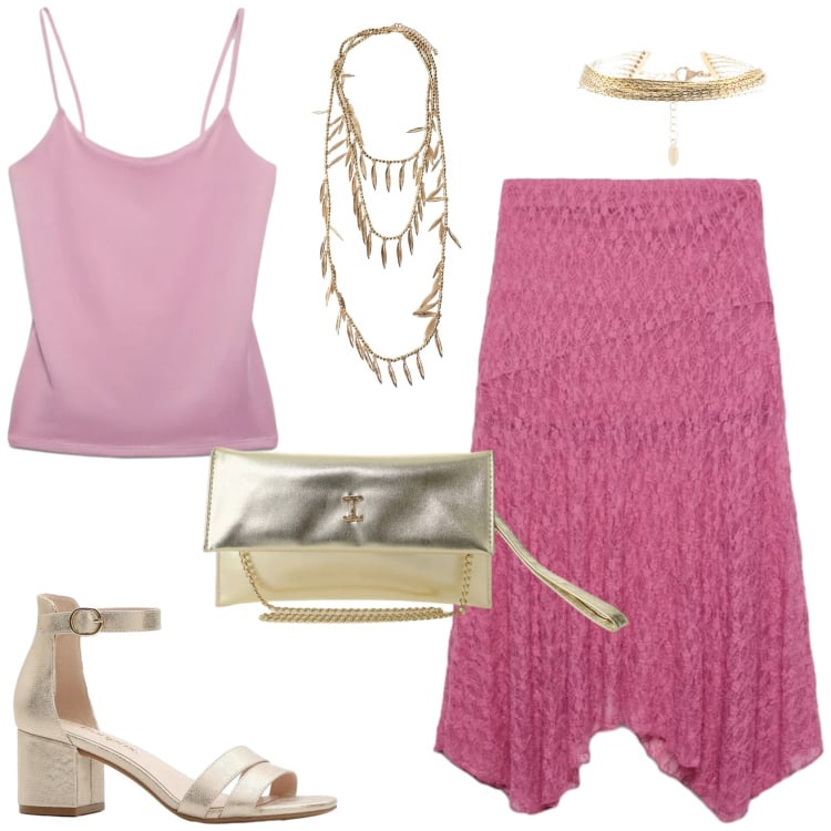 Outfit donna - Sera d\'estate. Stile Romantica per Serata fuori. Abbinamento con sandali col tacco, gonne longuette, canottiere, borse a tracolla, collane, braccialetti.