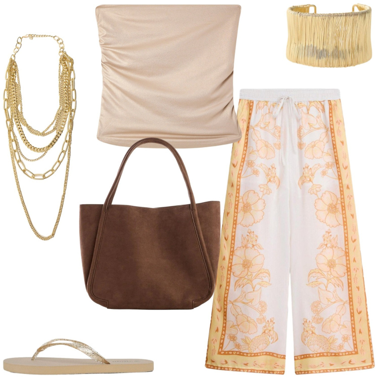 Outfit donna - Estate con stile. Stile Glamour per Tutti i giorni. Abbinamento con pantaloni a palazzo, shopping bag, infradito, top, collane, braccialetti.