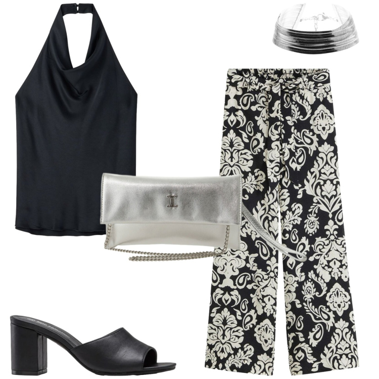 Outfit donna - Serata fuori. Stile Trendy per Serata fuori. Abbinamento con sandali col tacco, pantaloni a palazzo, canottiere, borse a tracolla, braccialetti.