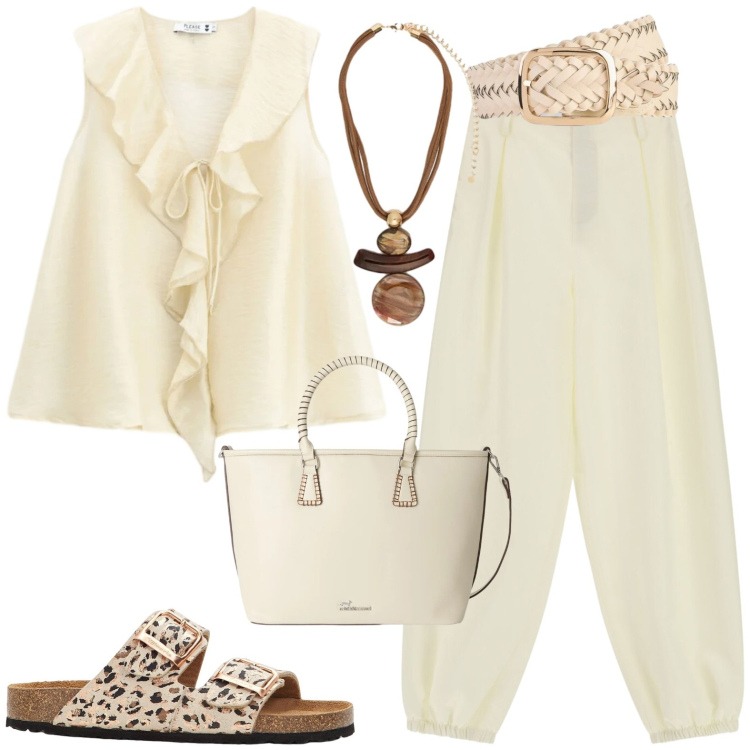 Outfit donna - Total look #2425519. Stile Casual per Tutti i giorni. Abbinamento con ciabatte, cinture, shopping bag, ciondoli, top, pantaloni.
