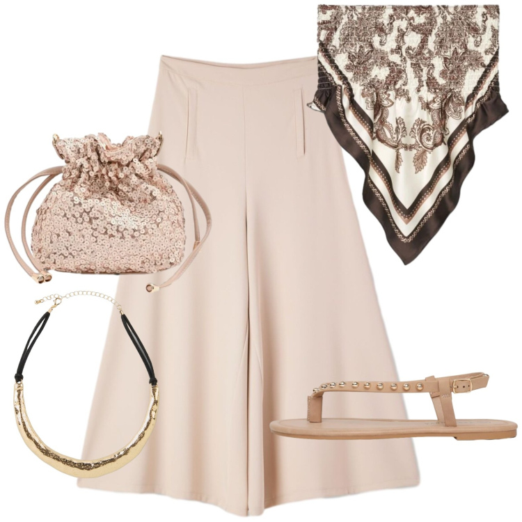 Outfit donna - Total look #2425520. Stile Casual per Tutti i giorni. Abbinamento con collane, ciabatte, pantaloni, top, pochette.