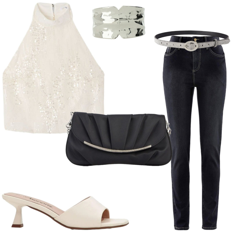 Outfit donna - Serata d\'estate. Stile Glamour per Serata fuori. Abbinamento con jeans slim fit, sandali, clutch, top, cinture, braccialetti.