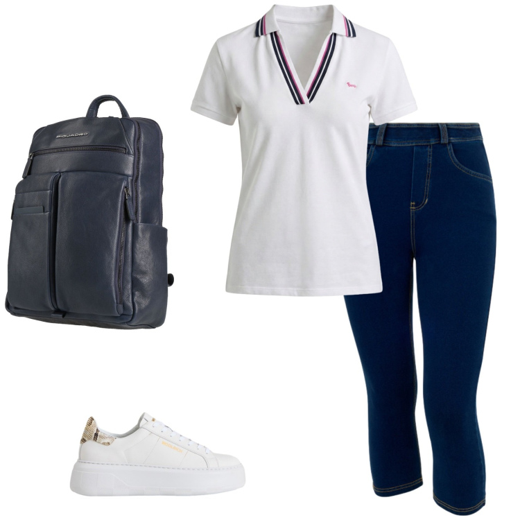 Outfit donna - City. Stile Sporty chic per Tutti i giorni. Abbinamento con zaini, polo, jeans skinny, sneakers.