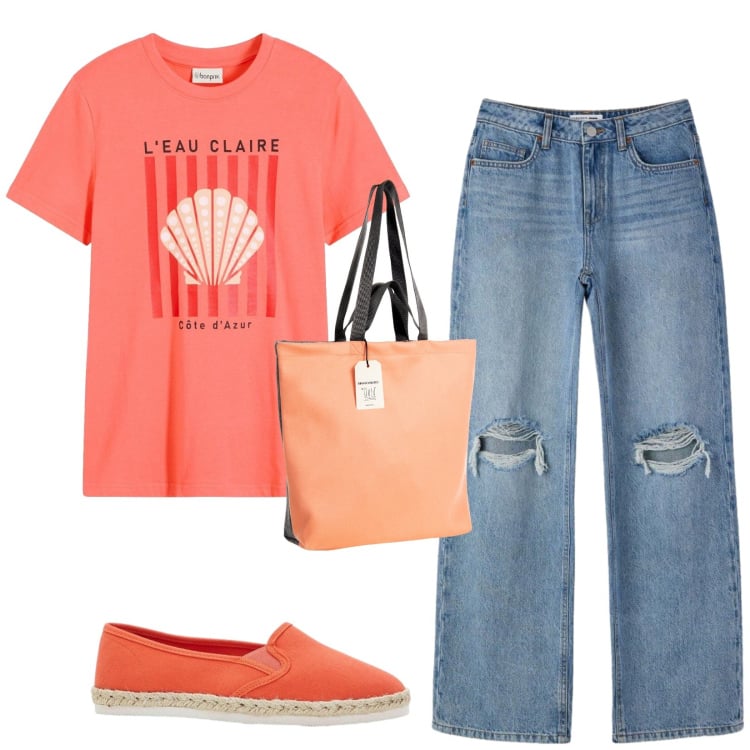 Outfit donna - Total look #2425526. Stile Urban per Tutti i giorni. Abbinamento con t-shirt, espadrillas, jeans strappati, borse tote.