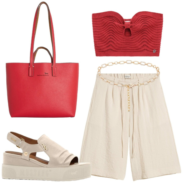 Outfit donna - Passeggiata sul lungomare. Stile Casual chic per Tutti i giorni. Abbinamento con bermuda, sandali, shopping bag, top, cinture.