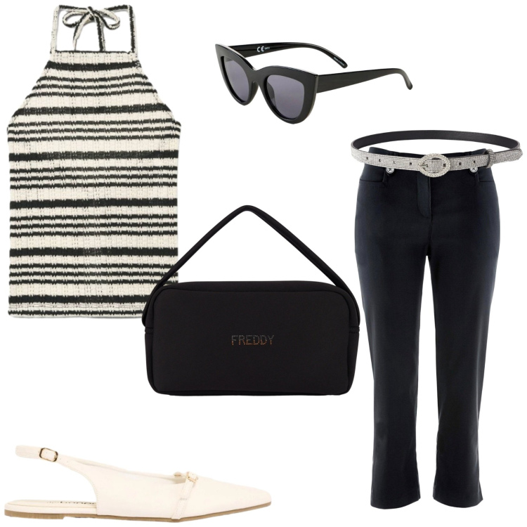 Outfit donna - Top e pantaloni capri. Stile Chic per Tutti i giorni. Abbinamento con pantaloni capri, occhiali da sole, ballerine, canottiere, cinture, borse a mano.