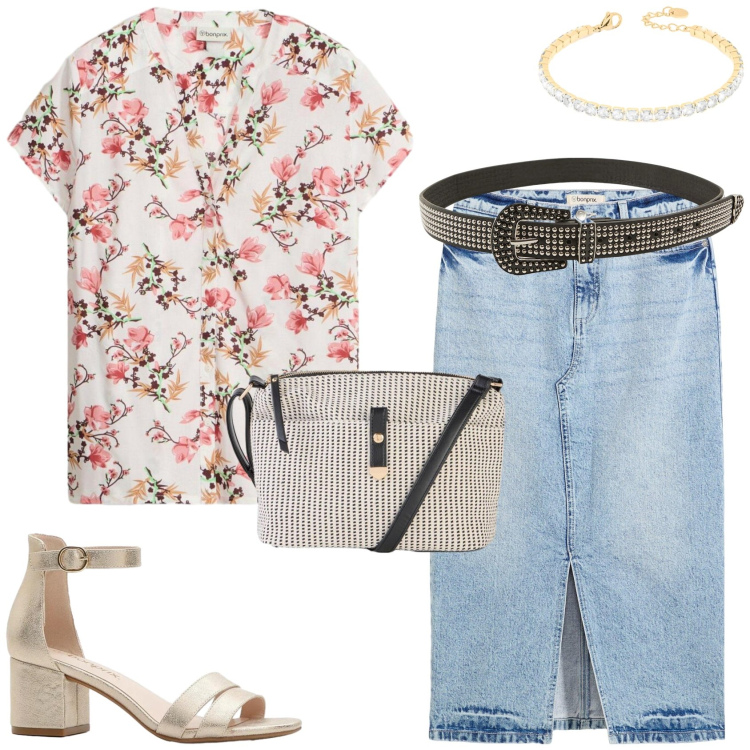 Outfit donna - Tutti i giorni: semplice e femminile. Stile Basic per Tutti i giorni. Abbinamento con gonne longuette, sandali col tacco, camicie a manica corta, borse a tracolla, cinture, braccialetti.