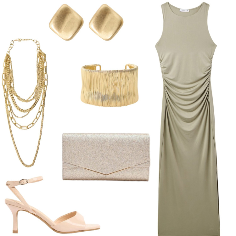 Outfit donna - Appuntamento di sera. Stile Glamour per Serata fuori. Abbinamento con sandali col tacco, vestiti lunghi, orecchini, collane, braccialetti, clutch.