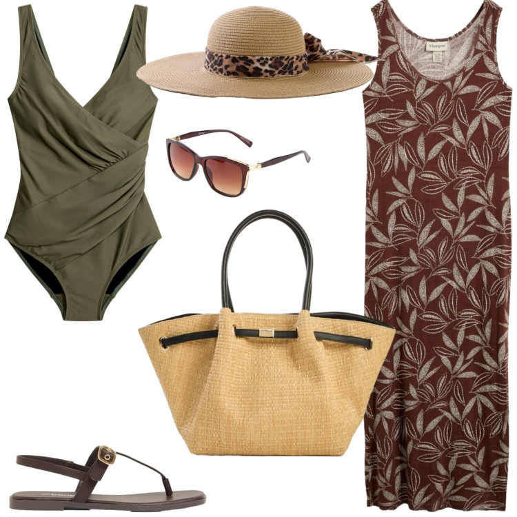 Outfit donna - Una giornata al mare. Stile Glamour per Mare. Abbinamento con costumi interi, vestiti lunghi, shopping bag, sandali, occhiali da sole, cappelli.