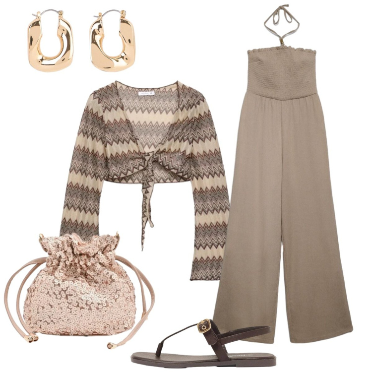 Outfit donna - Serata Glam. Stile Glamour per Serata fuori. Abbinamento con orecchini, sandali, tute, blazer, pochette.